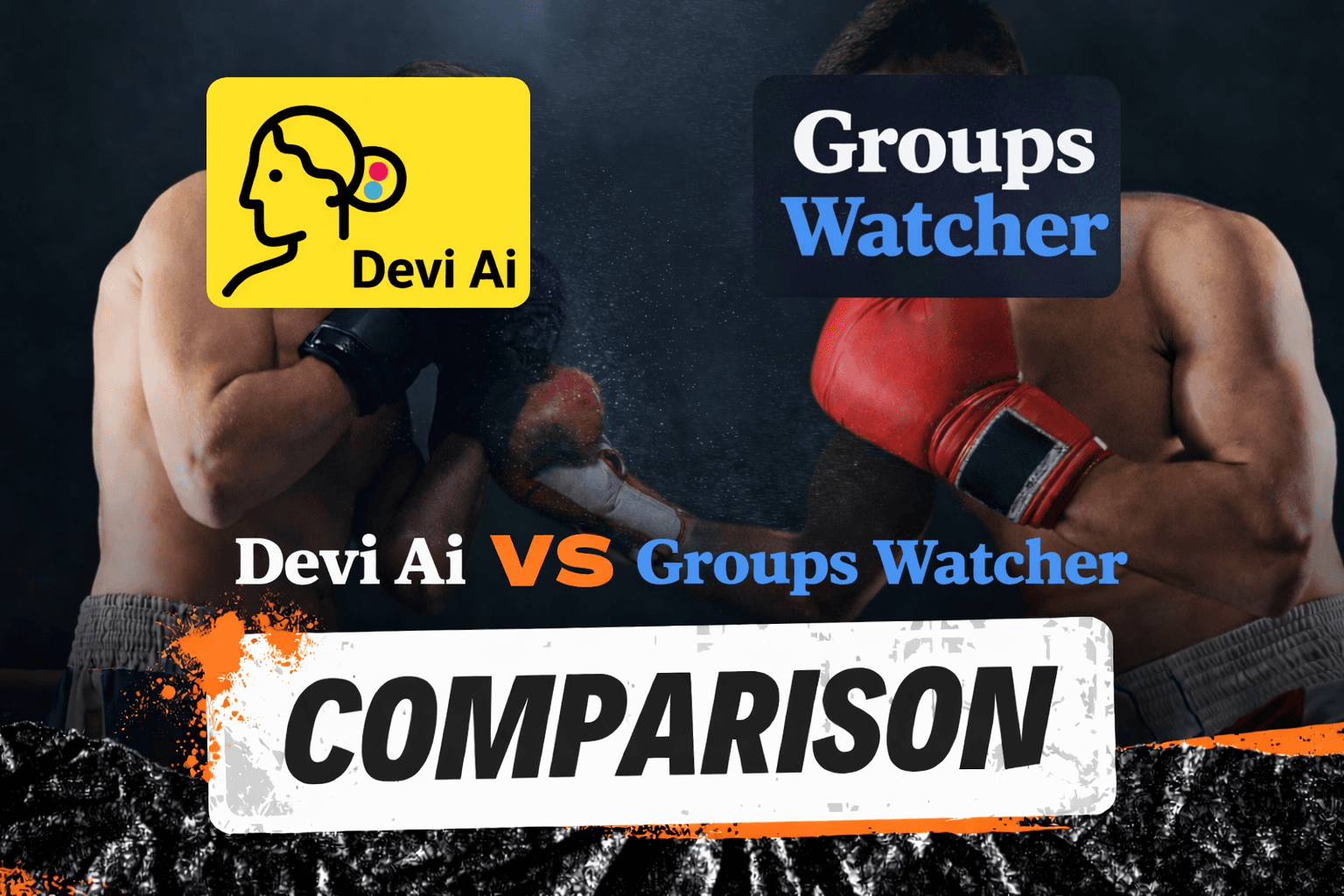 Devi AI and Groups Watcher logos with boxing gloves, illustrating a comparison of social monitoring tools.